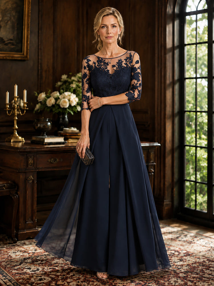 Chiffon Pantsuit Crew Neck Mother of the Bride Pantsuits with Lace Applique