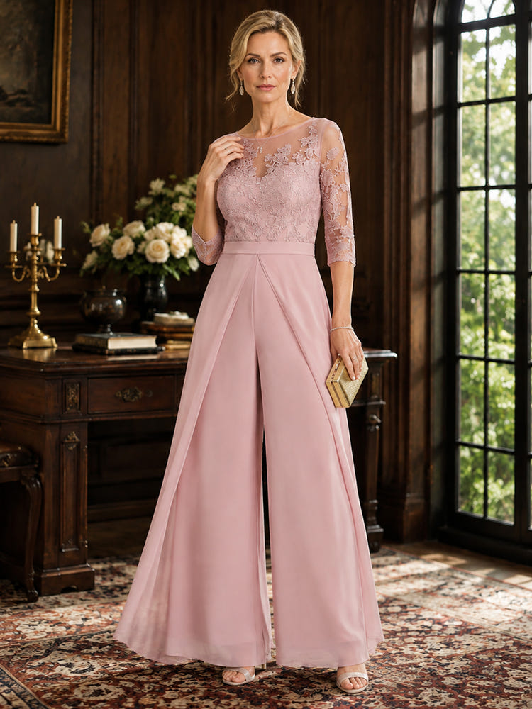 Chiffon Pantsuit Crew Neck Mother of the Bride Pantsuits with Lace Applique
