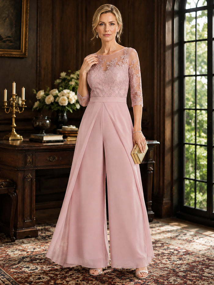 Chiffon Pantsuit Crew Neck Mother of the Bride Pantsuits with Lace Applique