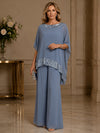 Chiffon Pantsuit Crew Neck Mother of the Bride Pantsuits with Sequin