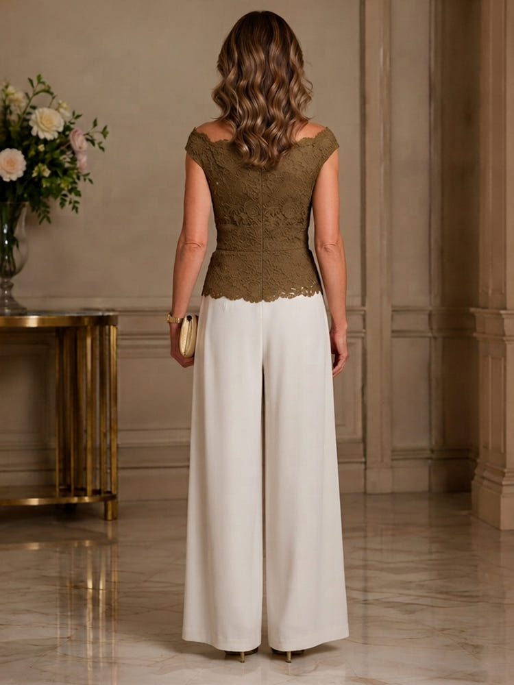 Chiffon Pantsuit Boat Neck  Mother of the Bride Pantsuits with Lace Applique
