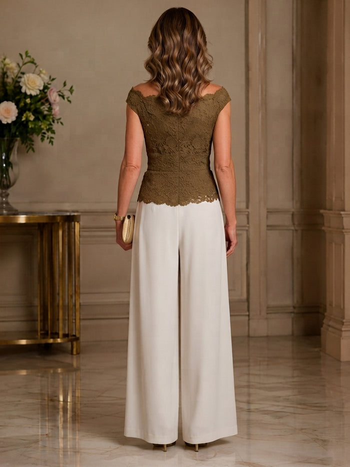 Chiffon Pantsuit Boat Neck  Mother of the Bride Pantsuits with Lace Applique