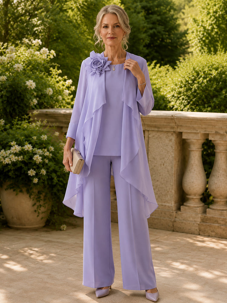 Chiffon Pantsuit Crew Neck Mother of the Bride Pantsuits with Jacket