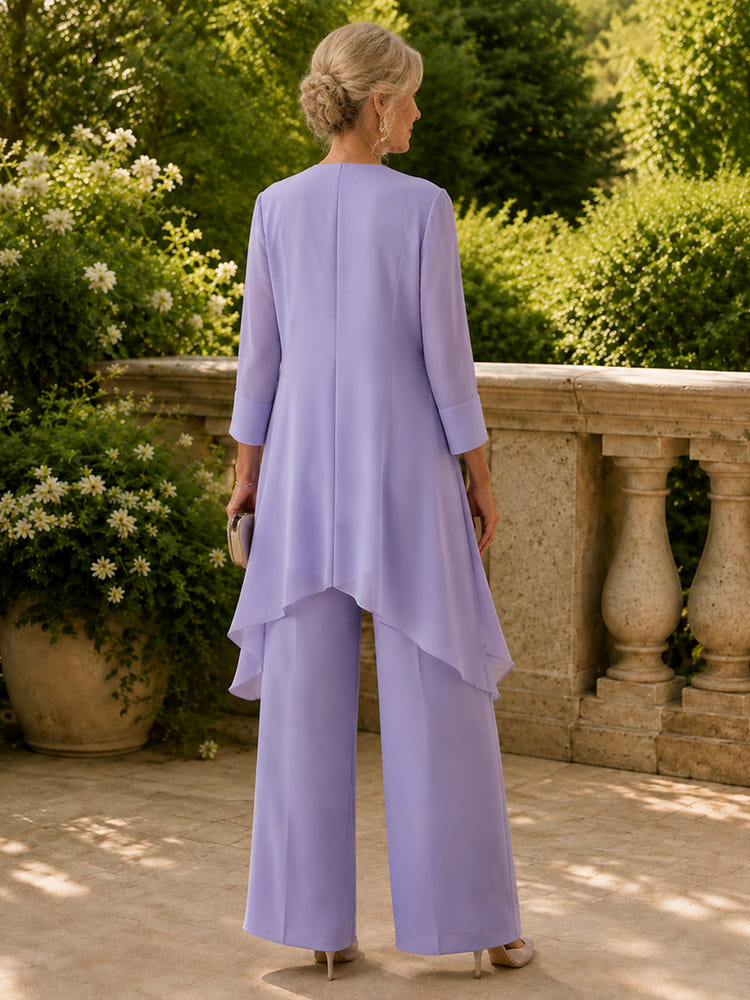Chiffon Pantsuit Crew Neck Mother of the Bride Pantsuits with Jacket