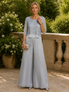 Chiffon Pantsuit Crew Neck Mother of the Bride Pantsuits with Lace Applique