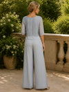 Chiffon Pantsuit Crew Neck Mother of the Bride Pantsuits with Lace Applique