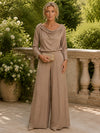 Satin Pantsuit Cowl Neck Mother of the Bride Pantsuits with Pleated