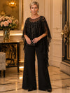 Chiffon Pantsuit Crew Neck Mother of the Bride Pantsuits with Sequin Embroidery