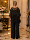 Chiffon Pantsuit Crew Neck Mother of the Bride Pantsuits with Sequin Embroidery