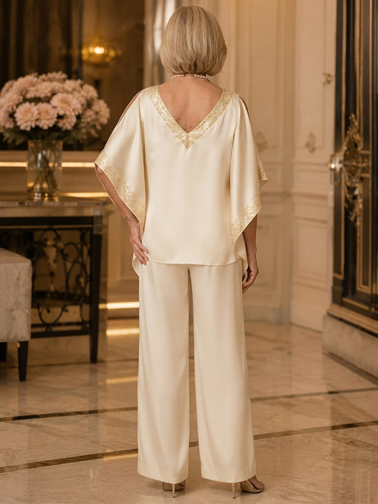 Satin Pantsuit V Neck Mother of the Bride Pantsuits with Sequin