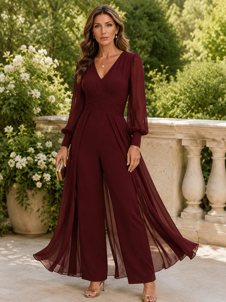 Chiffon Pantsuit V Neck Mother of the Bride Pantsuits with Sash
