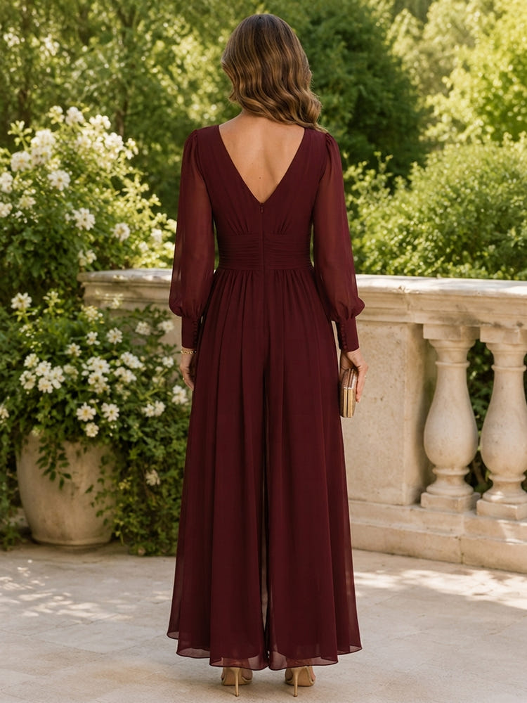 Chiffon Pantsuit V Neck Mother of the Bride Pantsuits with Sash