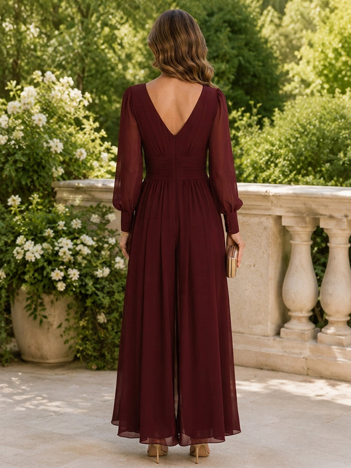 Chiffon Pantsuit V Neck Mother of the Bride Pantsuits with Sash