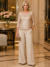 Satin Pantsuit Crew Neck Mother of the Bride Pantsuits with Sequin