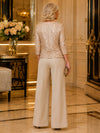 Satin Pantsuit Crew Neck Mother of the Bride Pantsuits with Sequin