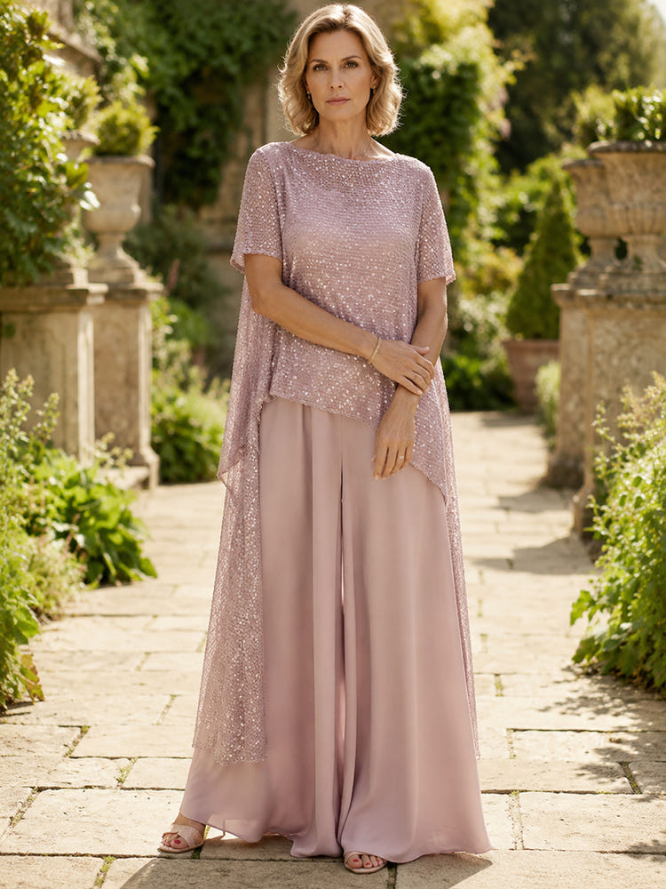 Sequin Pantsuit Boat Neck  Mother of the Bride Pantsuits with Draped Glitter Side Sash