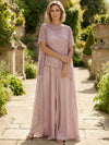 Sequin Pantsuit Boat Neck  Mother of the Bride Pantsuits with Draped Glitter Side Sash