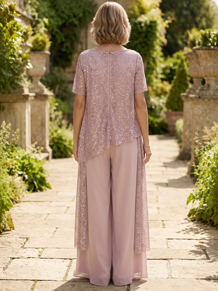 Sequin Pantsuit Boat Neck  Mother of the Bride Pantsuits with Draped Glitter Side Sash