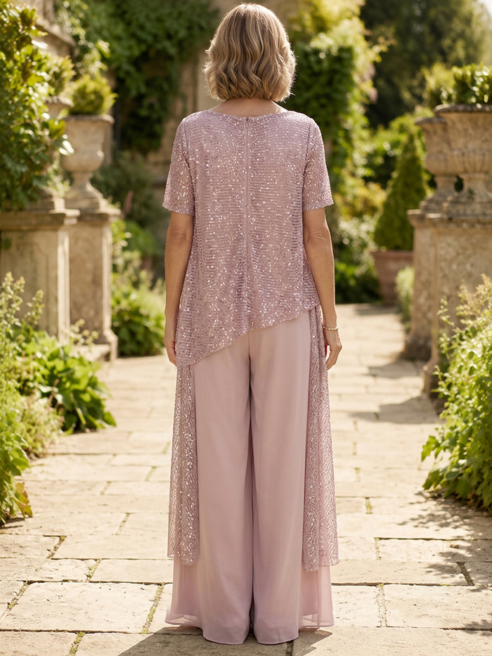 Sequin Pantsuit Boat Neck  Mother of the Bride Pantsuits with Draped Glitter Side Sash