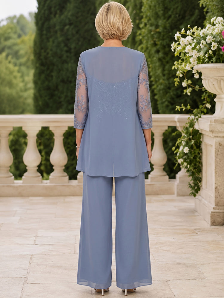 Chiffon Pantsuit Crew Neck Mother of the Bride Pantsuits with Jacket