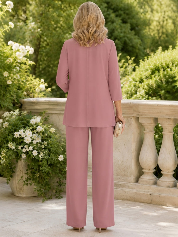 Chiffon Pantsuit Crew Neck Mother of the Bride Pantsuits with Jacket
