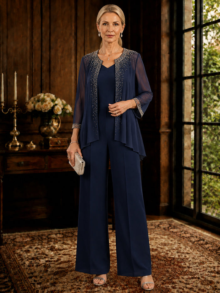 Chiffon Pantsuit Crew Neck Mother of the Bride Pantsuits with Jacket
