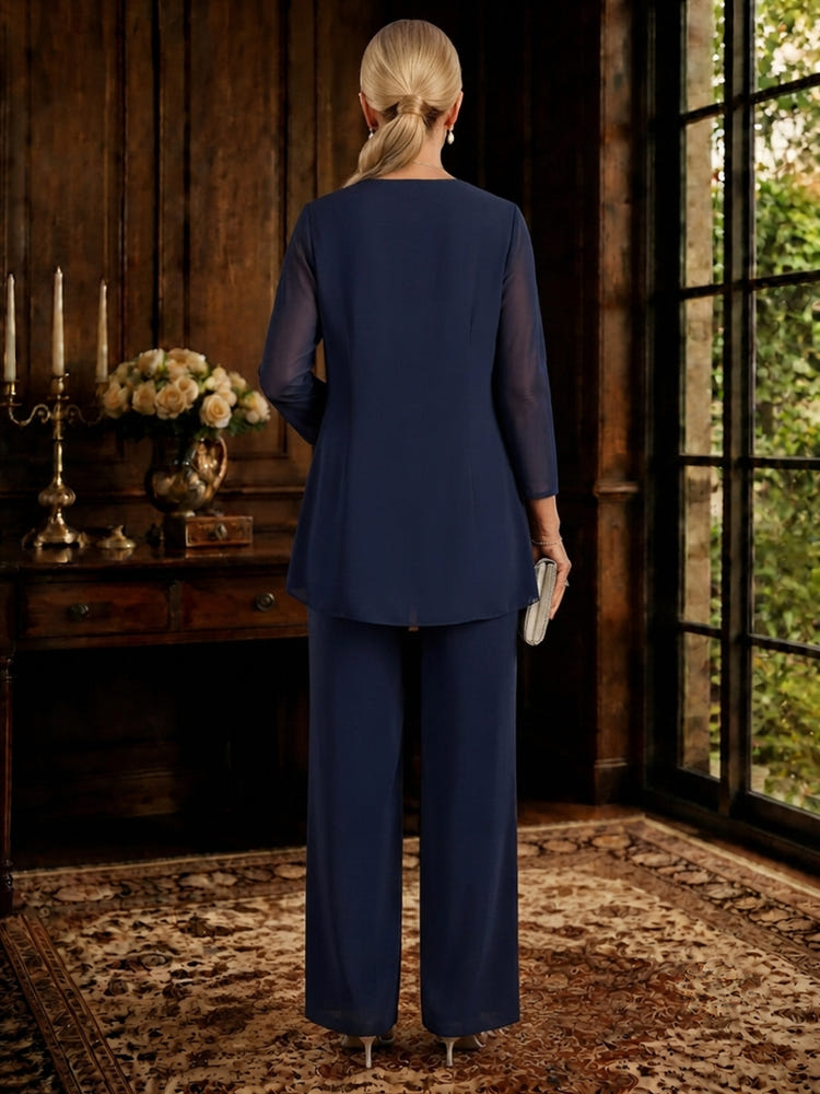 Chiffon Pantsuit Crew Neck Mother of the Bride Pantsuits with Jacket