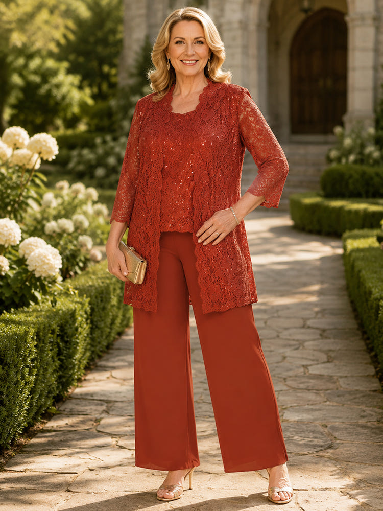 Chiffon Pantsuit Crew Neck Mother of the Bride Pantsuits with Jacket