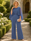 Chiffon Pantsuit Crew Neck Mother of the Bride Pantsuits with Caps