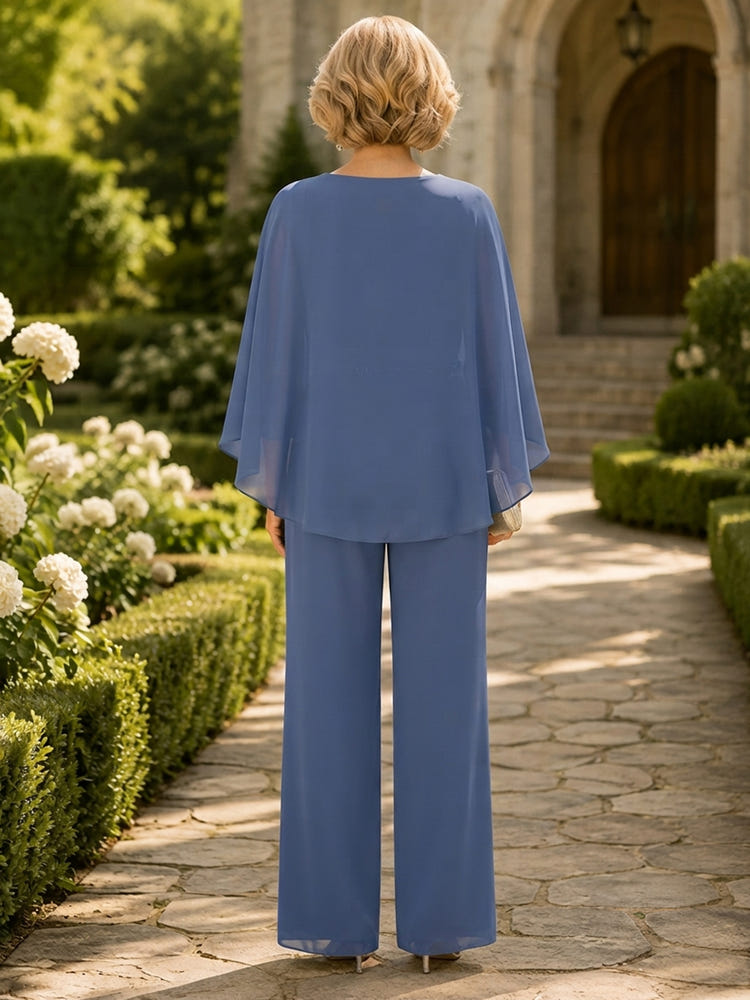 Chiffon Pantsuit Crew Neck Mother of the Bride Pantsuits with Caps