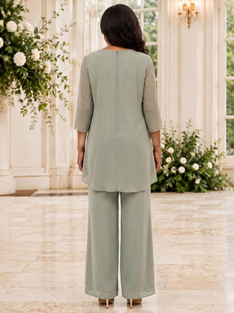 Chiffon Pantsuit Crew Neck Mother of the Bride Pantsuits with Jacket