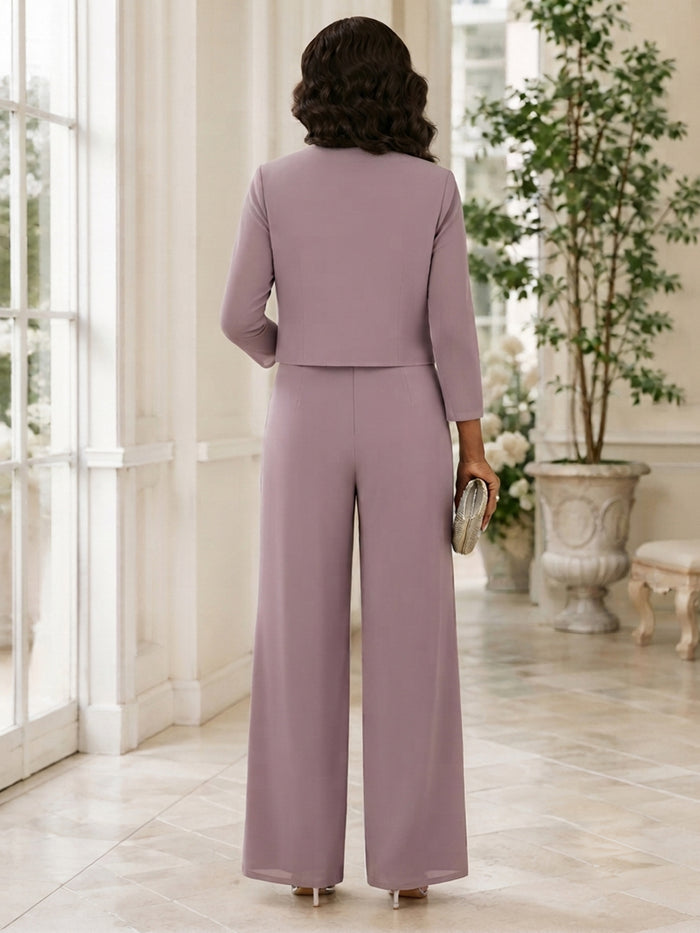Chiffon Pantsuit Crew Neck Mother of the Bride Pantsuits with Jacket