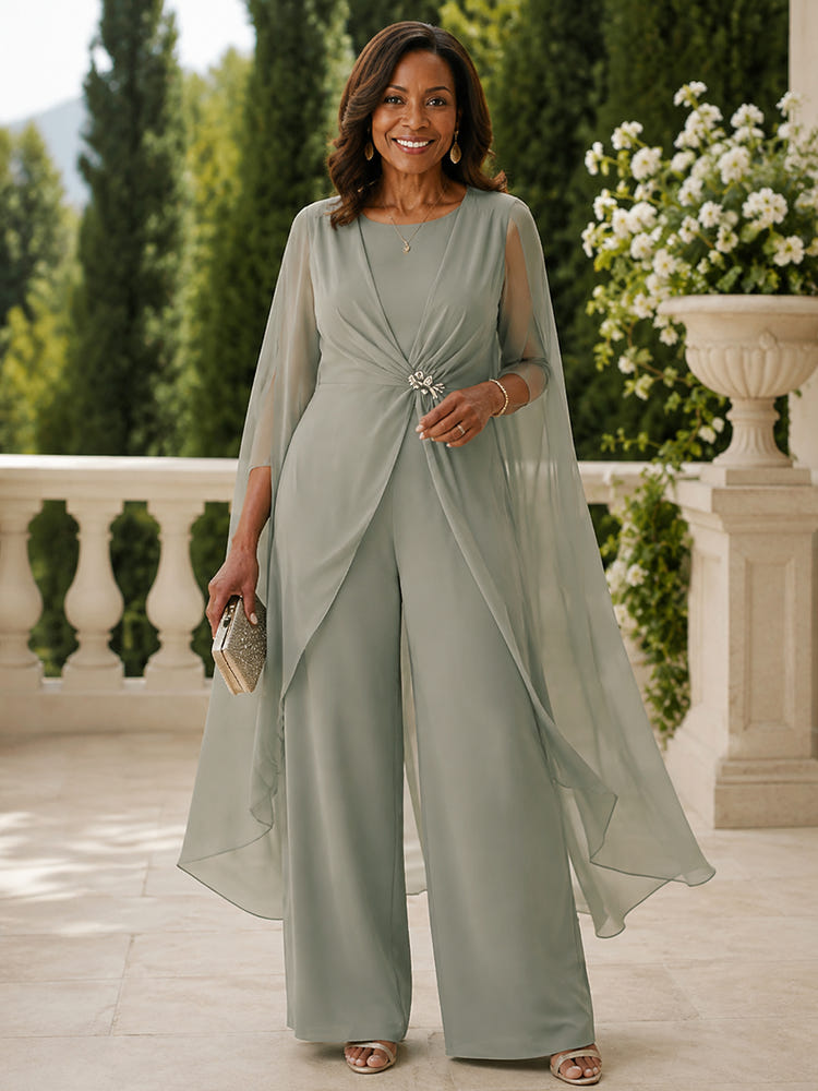 Chiffon Pantsuit Crew Neck Mother of the Bride Pantsuits with Jacket