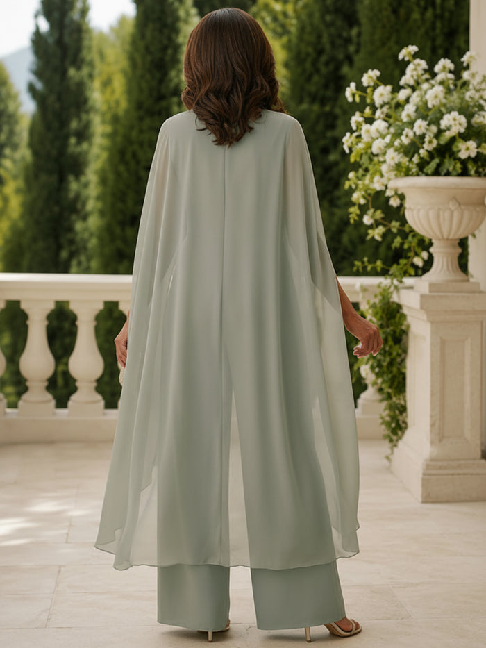 Chiffon Pantsuit Crew Neck Mother of the Bride Pantsuits with Jacket