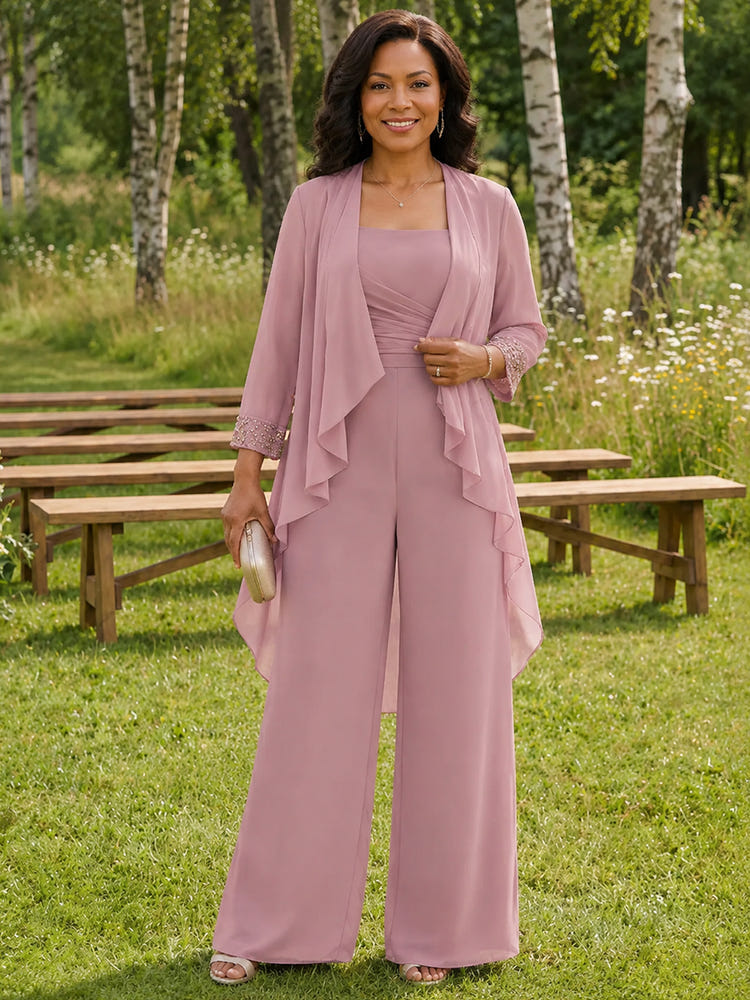 Chiffon Pantsuit Crew Neck Mother of the Bride Pantsuits with Jacket