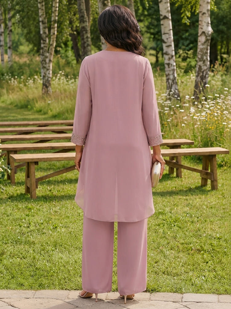 Chiffon Pantsuit Crew Neck Mother of the Bride Pantsuits with Jacket