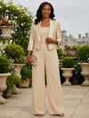 Satin Pantsuit Crew Neck Mother of the Bride Pantsuits with Jacket