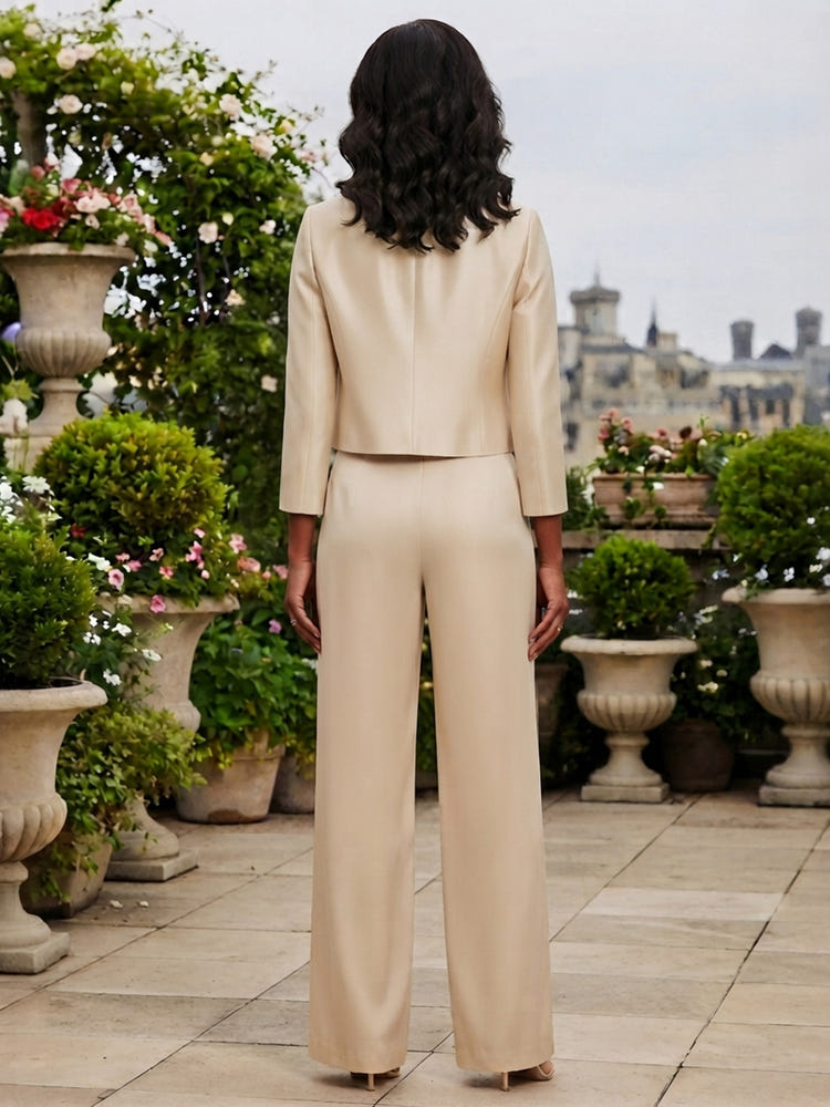 Satin Pantsuit Crew Neck Mother of the Bride Pantsuits with Jacket