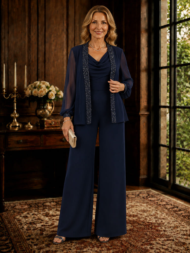Chiffon Pantsuit Cowl Neck Mother of the Bride Pantsuits with Jacket