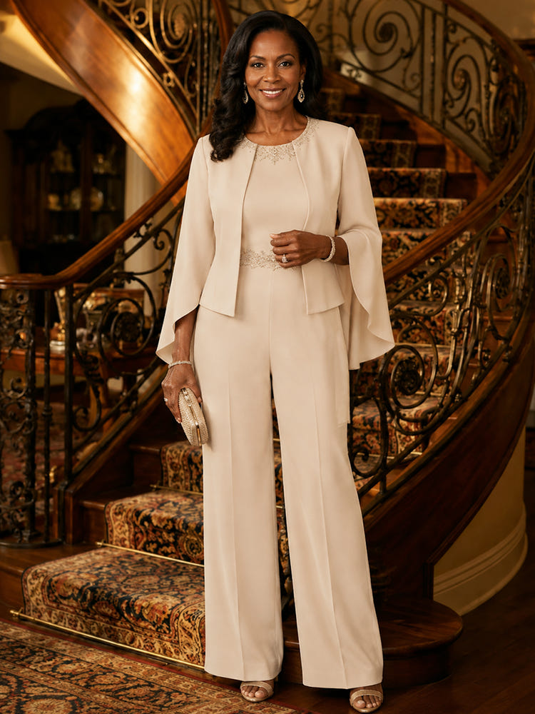 Jersey Pantsuit Crew Neck Mother of the Bride Pantsuits with Jacket