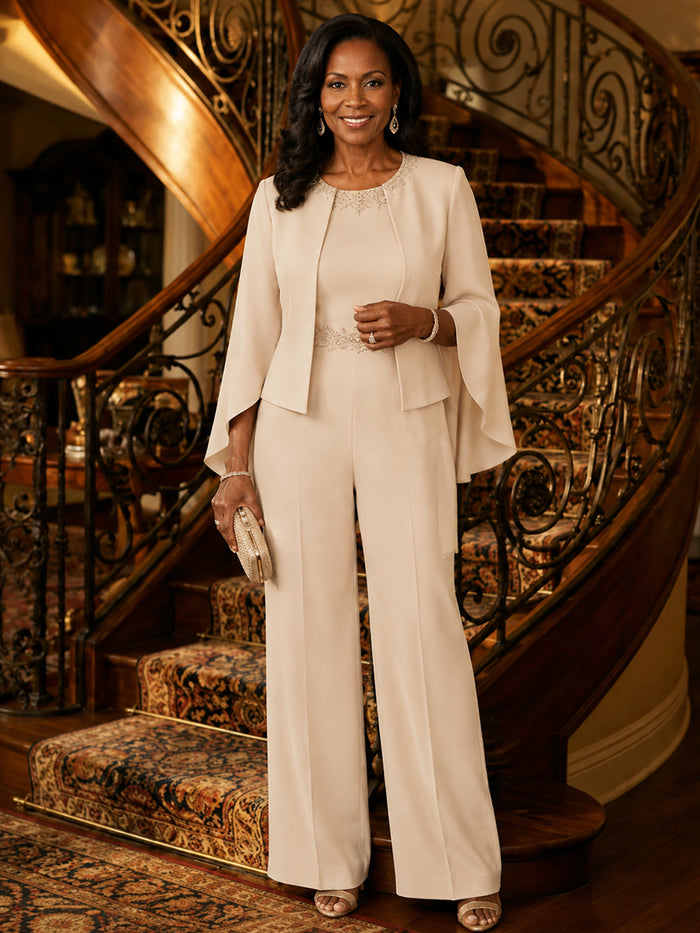 Jersey Pantsuit Crew Neck Mother of the Bride Pantsuits with Jacket