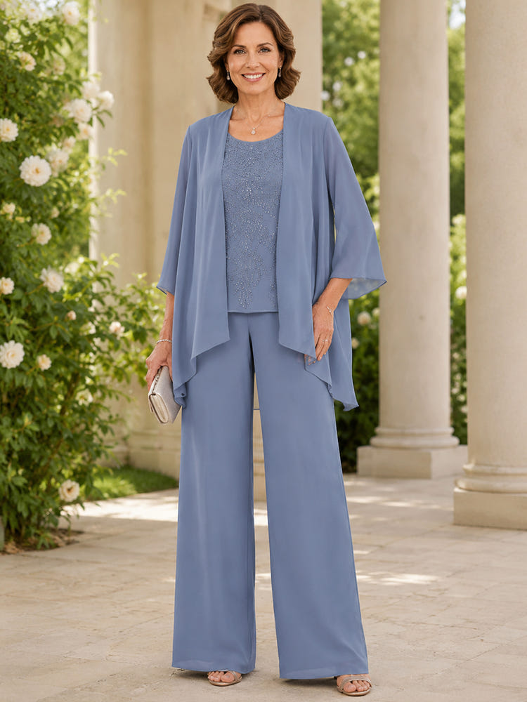 Chiffon Pantsuit Crew Neck Mother of the Bride Pantsuits with Jacket