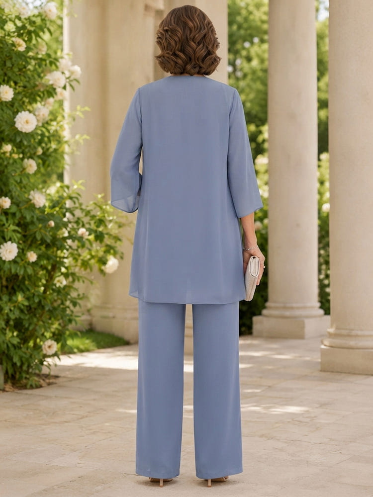 Chiffon Pantsuit Crew Neck Mother of the Bride Pantsuits with Jacket