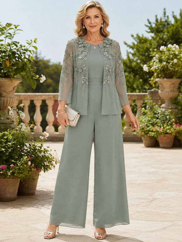 Chiffon Pantsuit Crew Neck Mother of the Bride Pantsuits with Jacket