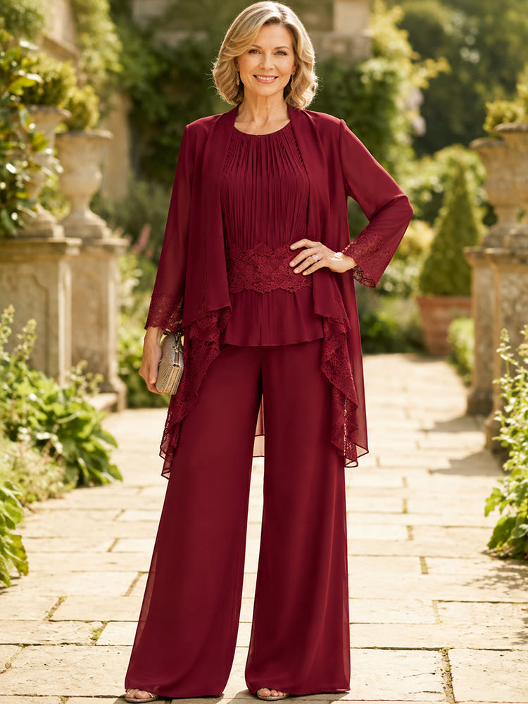 Chiffon Pantsuit Crew Neck Mother of the Bride Pantsuits with Jacket
