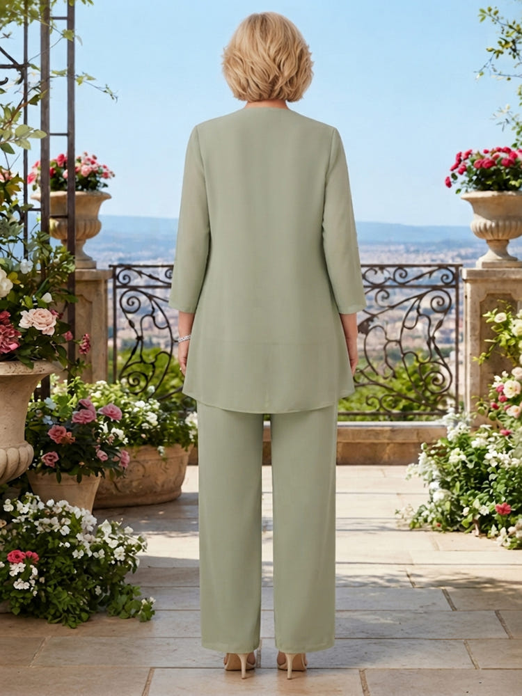 Chiffon Pantsuit Crew Neck Mother of the Bride Pantsuits with Jacket
