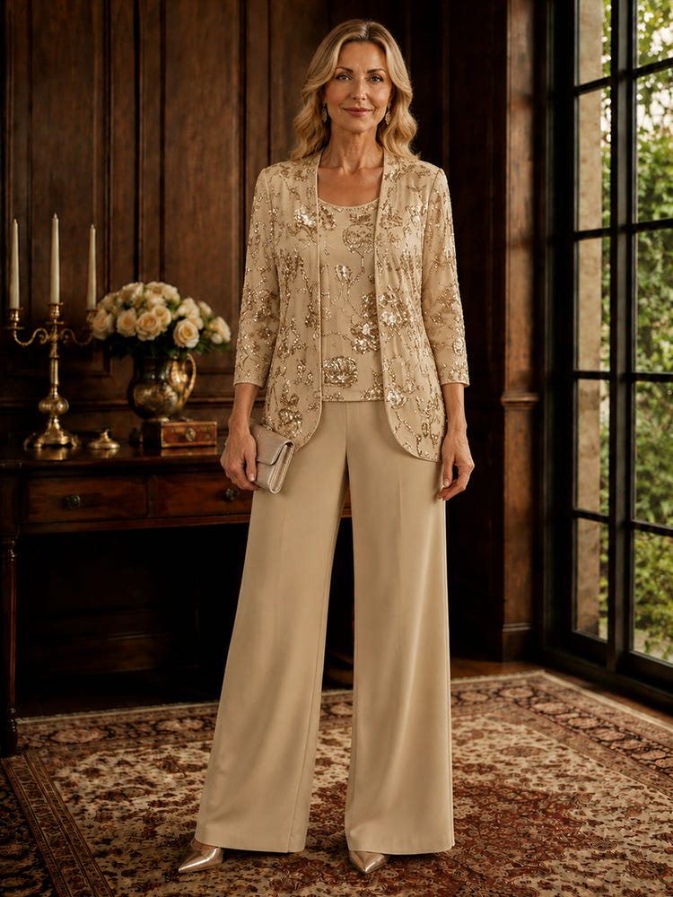 Chiffon Pantsuit Crew Neck Mother of the Bride Pantsuits with Sequin Embroidery