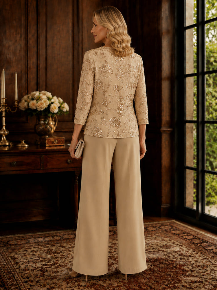 Chiffon Pantsuit Crew Neck Mother of the Bride Pantsuits with Sequin Embroidery