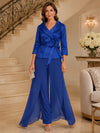 Chiffon Pantsuit V Neck Mother of the Bride Pantsuits with Sash