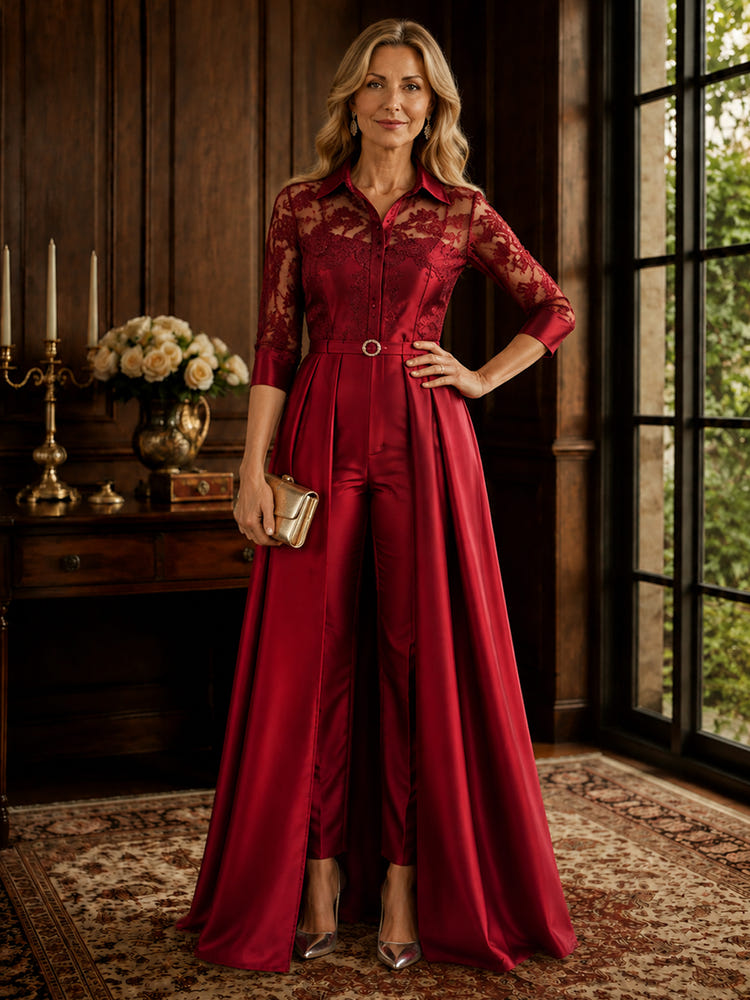 Satin Pantsuit Stand Collar Mother of the Bride Pantsuits with Lace Applique